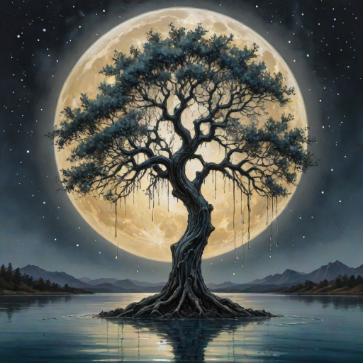 painting of a tree with a full moon in the background and water dripping from its branches, fantasy art, alcohol ink, 3D, 4K, HDRi