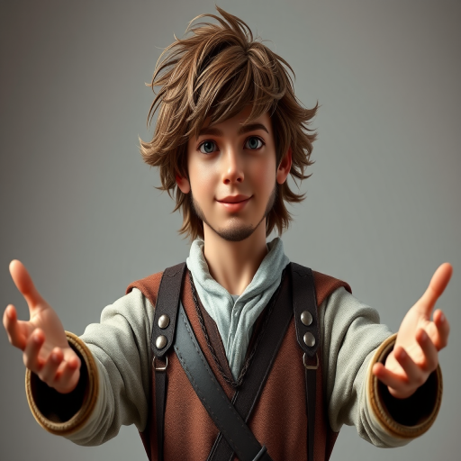 Create a 3D render of a young man with tousled hair in a medieval outfit, arms open in a welcoming gesture, using a Canon EOS R5 camera with an 85mm lens, f/1.8 aperture, ISO 100, in a well-lit studio setting to enhance detail and clarity.