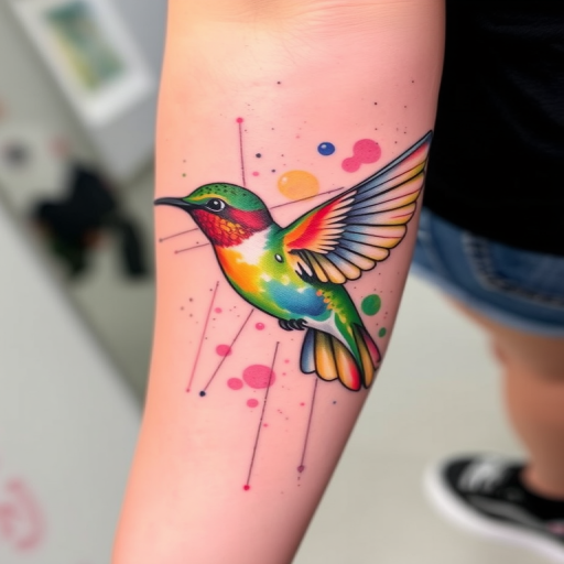 Watercolor splash tattoo depicting a vibrant hummingbird in flight, with loose, colorful splatters and delicate line details, titled "Iridescent Flutter"
