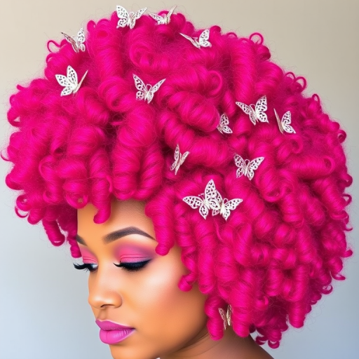Vibrant magenta curls piled high in a voluminous, natural afro adorned with delicate butterfly clips, celebrating the bold and beautiful "Fuchsia Flourish" style