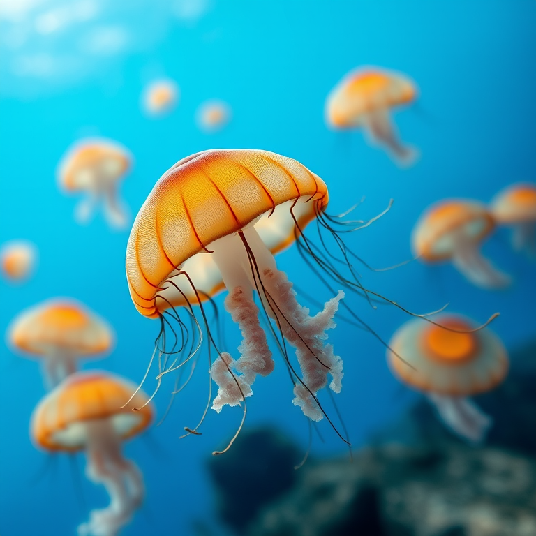 underwater shot of jellyfish in vibrant blue ocean, using a DSLR camera with a 50mm lens, f/2.8 aperture, ISO 400, shutter speed 1/125s, soft focus background, high dynamic range for enhanced colors and details