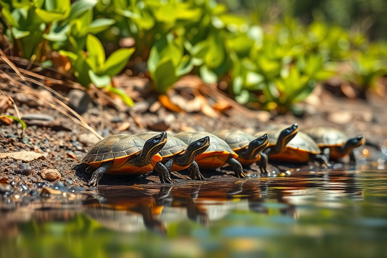 Capture a close-up of a group of turtles basking on the riverbank with shallow water reflections, using a DSLR camera with a 50mm lens at f/2.8 for a shallow depth of field, ISO 200, shutter speed 1/500s, in natural sunlight to enhance the colors and details of the turtles and surrounding foliage.