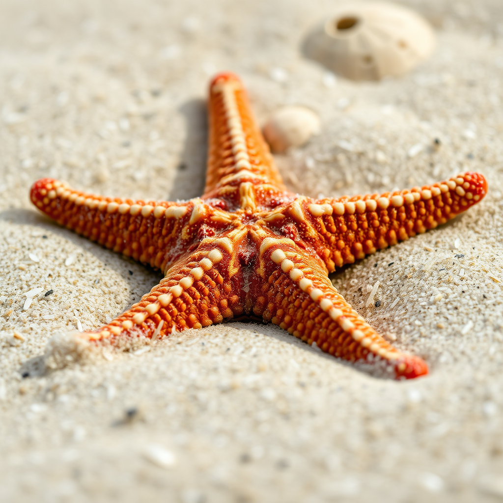 close-up of starfish on sandy ocean floor, sharp focus, natural light, 50mm lens, f/2.8, ISO 200, shallow depth of field, macro photography, DSLR