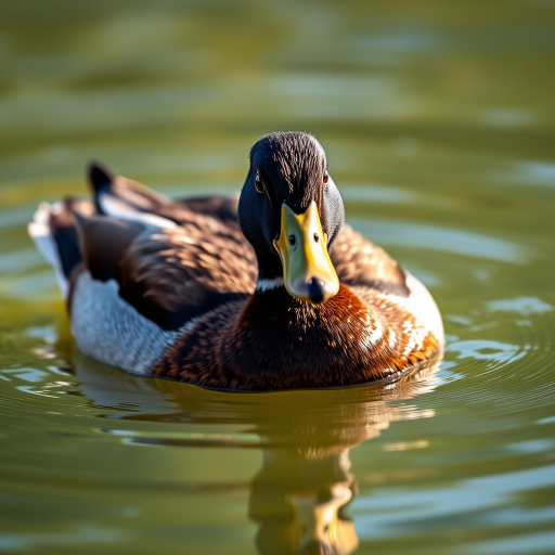 A close-up shot of a domesticated duck swimming gracefully on a calm water surface, with soft lighting, f/5.6 aperture, ISO 200, 1/100 second shutter speed, taken with a DSLR camera using a 100mm macro lens in natural daylight.