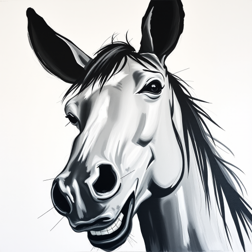 Abstract black and white acrylic portrait of an over exaggerated laughing (horse). Minimalism style. White background.