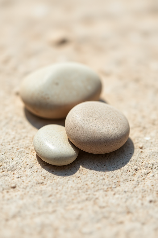 high-quality image of two smooth stones with soft shadows, camera settings: ISO 100, aperture f/8, shutter speed 1/125s, camera view: macro close-up, camera style: natural light, camera type: DSLR