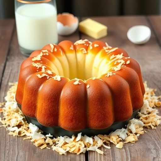 A delicious cake in a bundt pan with a golden brown top and a creamy white layer, surrounded by toasted coconut flakes, placed on a rustic wooden table with a glass of milk, a stick of butter, and broken egg shells in the background.