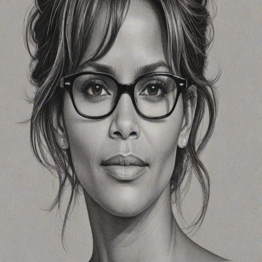 Enchanting Halle Berry, pencil sketch, portrait of Superb woman 1964s in glasses, hair style beatnik, outline, clear lines, fine lines, 8k
