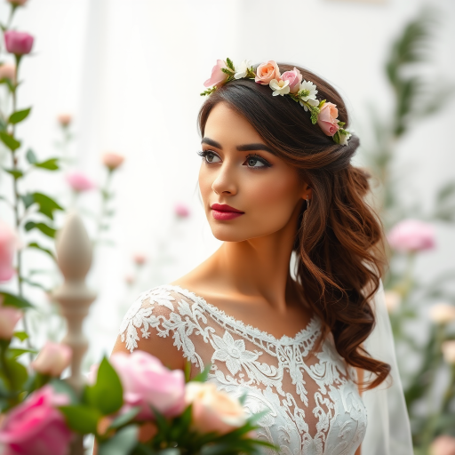 garden scene, bridal model, delicate lace gown, floral headpiece, soft romantic focus, high-key lighting and an 85mm lens for soft, even tones that highlight the model’s face and bright outfit against a white or light background