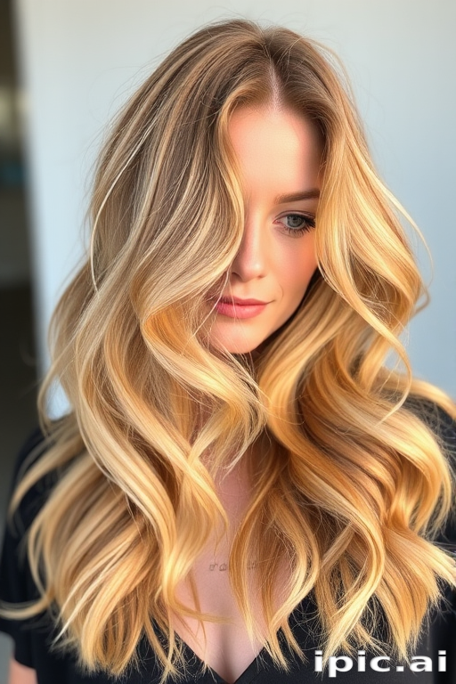 Luminous honey blonde beach waves with sun-kissed highlights, crafted by Sandy Shore, exhibiting a natural, effortless look with soft tendrils framing the face and subtle lowlights for depth
