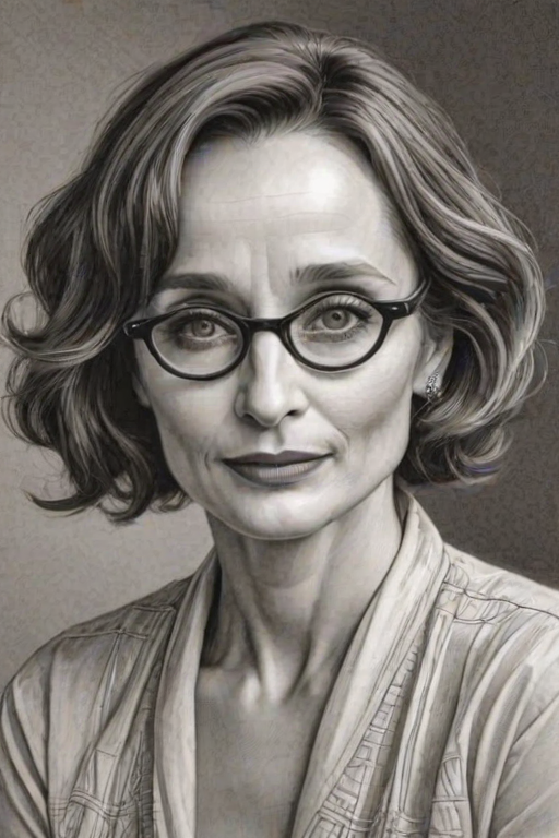 Wonderful Kristin Scott Thomas, pencil sketch, portrait of Stunning woman 1931s in glasses, hair style beatnik, outline, clear lines, fine lines, 8k