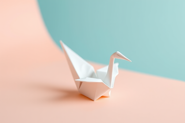 photograph of a white origami crane on a peach-colored surface with a light blue background, soft natural lighting, shallow depth of field, 50mm lens, f/2.8 aperture, ISO 100, tripod-mounted, high-resolution DSLR camera