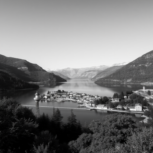 black and white landscape photograph of a lakeside village nestled among mountains during midday with clear skies, ISO 100, f/11, shutter speed 1/200, 24mm lens, wide-angle view, DSLR camera