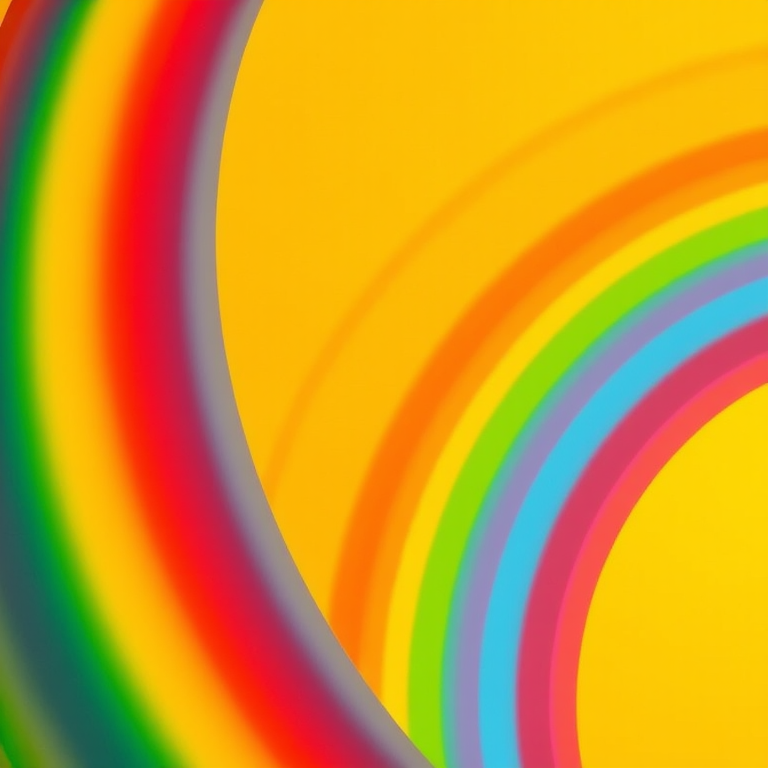 Create an abstract image of vibrant rainbow arcs on a warm yellow background, shot with a DSLR camera at f/8 aperture, 1/125 shutter speed, ISO 200, with a wide-angle lens and a focus on vivid color contrast and smooth transitions.