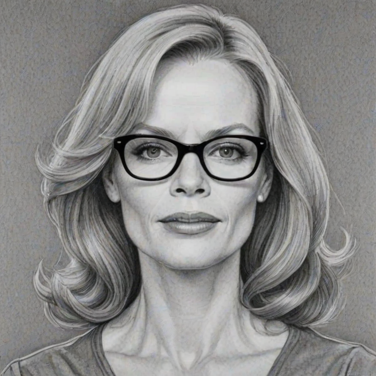 Bewitching Marg Helgenberger, pencil sketch, portrait of Sublime woman 1956s in glasses, hair style beatnik, outline, clear lines, fine lines, 8k