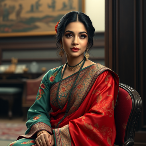 A beautiful Bangladeshi woman in traditional East Asian attire, intricately detailed with embroidered patterns, sitting gracefully in a richly decorated room, soft ambient lighting, serene and elegant, ultra-realistic, 8K resolution
