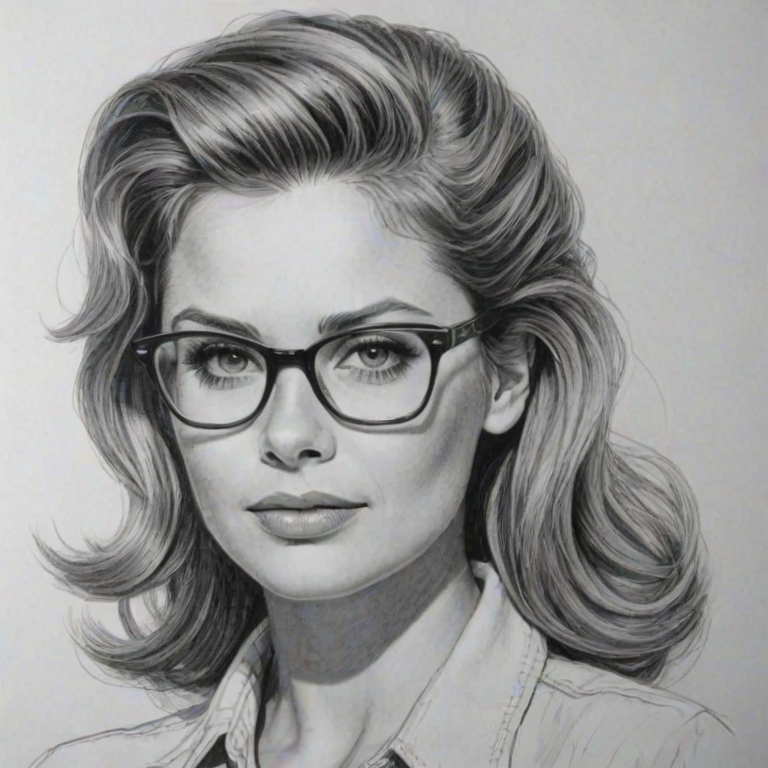 Delightful Ami Dolenz, pencil sketch, portrait of Stunning woman 1952s in glasses, hair style beatnik, outline, clear lines, fine lines, 8k