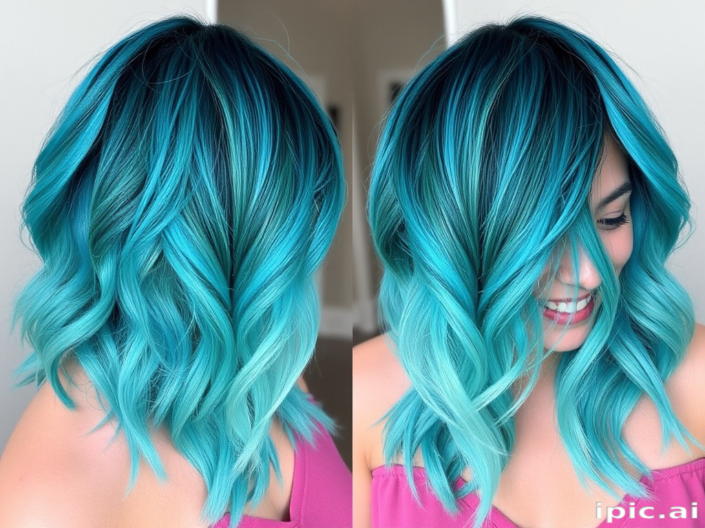Vibrant teal to turquoise color melt style called "Ocean Reverie" with medium-length choppy layers, multi-dimensional aquatic hues blending seamlessly, textured beachy waves, face-framing pieces in lightest shade