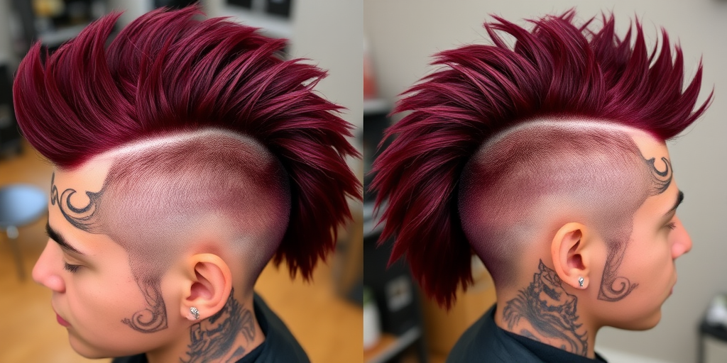 Deep burgundy mohawk with shaved sides and intricate designs, known as "Wine Rebel," boasting a velvety texture and subtle maroon undertones throughout