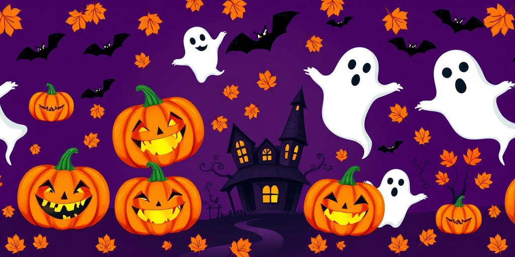 Create a vibrant Halloween-themed pattern featuring smiling pumpkins, spooky ghosts, bats, a haunted house, and autumn leaves set against a dark purple background, taken with a DSLR camera using a 50mm lens at f/1.8, ISO 100, and 1/200s shutter speed for enhanced clarity and color saturation.