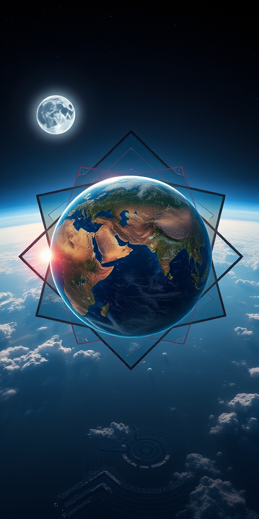 Create a stunning visualization of Earth surrounded by abstract shapes representing technology, with two suns in the background, using a DSLR camera with a 24mm lens, aperture f/8, ISO 100, at a high altitude perspective to enhance image quality and detail.