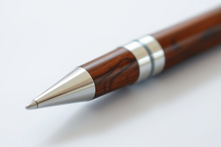Create a realistic image of a sleek brown pen with silver accents, captured from a close-up view using a DSLR camera set at f/2.8 aperture, 50mm lens, ISO 100, in natural lighting to enhance clarity and detail.