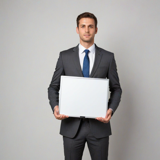 Create an image of a professional individual in a business suit, holding a large blank whiteboard in front of their face. The background should be neutral to emphasize the person and the blank board. Make sure the person's hands are visible, and they are positioned at mid-chest level, showcasing the blank space clearly.