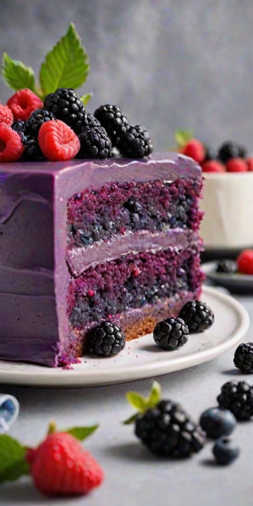Create an image of a slice of purple cake with three layers, topped with fresh blackberries, raspberries, and blueberries. The cake should have a smooth purple frosting and be presented on a white plate, with some berries scattered around the plate. Include a softly blurred background with hints of greenery and flowers to create a warm, inviting atmosphere.