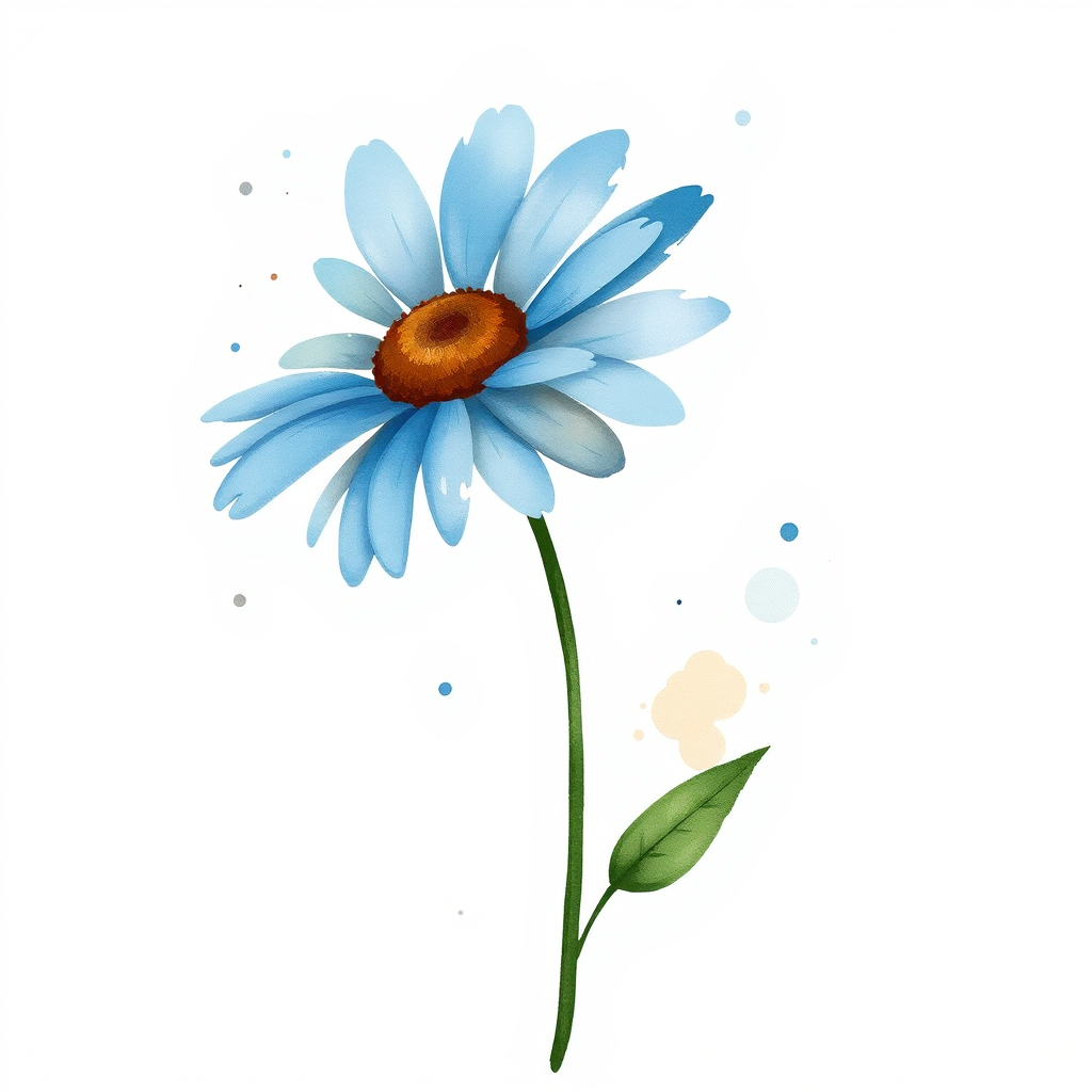 A single blue daisy flower in a loose, whimsical watercolor style. The petals are unevenly spread, with soft blue and brown tones. The stem is thin and slightly curved, with two green leaves, while watercolor splatters create an organic, artistic effect around the flower. The background is light beige with natural watercolor textures and splashes.