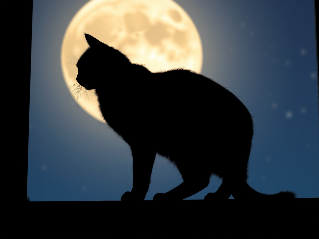 Create a high-resolution black silhouette of a cat perched on a windowsill against a moonlit night sky with stars, using a DSLR camera with a 50mm lens, f/2.8 aperture, ISO 400, and a shallow depth of field for soft bokeh effect, shot from eye level.