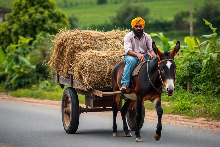 Regenerate the image of a man sitting on a cart filled with hay, being pulled by a donkey along a road with greenery in the background, shot with a Canon EOS R5, 50mm lens, f/2.8 aperture, 1/500 sec shutter speed, and ISO 100 for enhanced quality, with a slightly low angle view to emphasize the cart and the landscape.