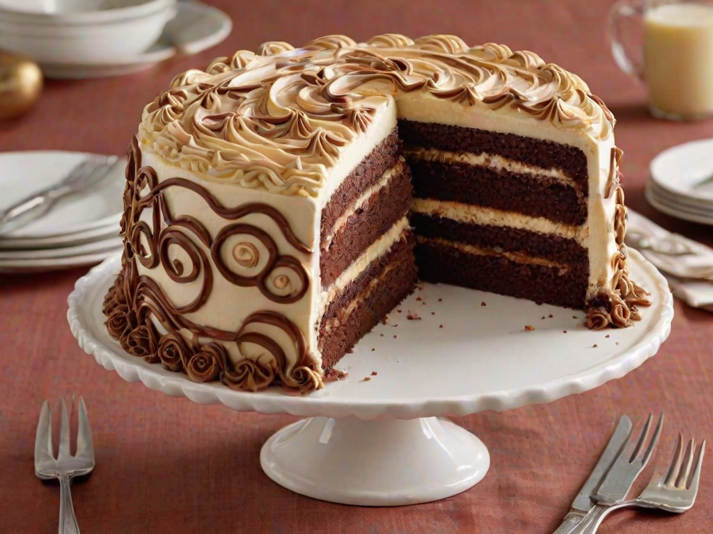 Create an image of a decadent layered cake with rich chocolate and vanilla layers. The cake should have a smooth caramel filling between the layers and be topped with elegant swirls of buttercream frosting. Include a slice cut out to reveal the layers inside, with a decorative plate and fork beside it. The setting should be bright and inviting, highlighting the texture and colors of the cake.
