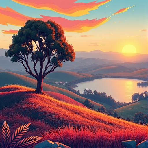 Create a vibrant landscape illustration featuring rolling hills, a large stylized tree, and a serene lake with sunset colors, using soft gradients and vector art style, captured with a Canon EOS R5, 50mm lens at f/2.8, ISO 100, and a wide-angle perspective to enhance depth and color saturation.