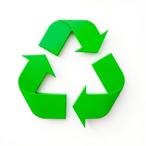 Create a high-resolution image of a green recycling symbol against a white background, using a DSLR camera with a 50mm lens, f/2.8 aperture, ISO 100, and a slight overhead angle for depth.