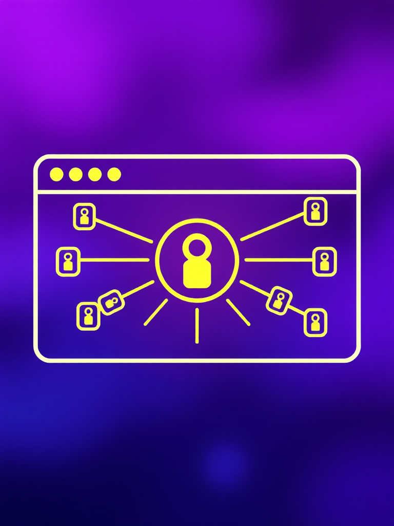 Create a digital illustration of a web page displaying a central link icon connected to multiple smaller link icons, using a blurred gradient background of deep purple and blue, shot with a Canon EOS R5, 50mm lens, f/2.8 aperture, ISO 200, focusing on crisp lines and vibrant colors.