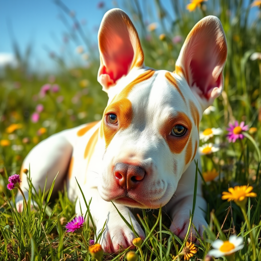 a whimsical fantasy image of a 1year old Exotic Micro Bullie dog whose white with tan spots, lying in the grass with Wildflowers all around her, blue skies and sunshine