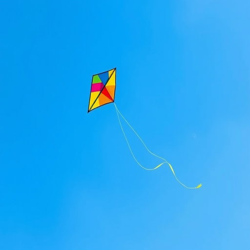 Create a vibrant and detailed illustration of a colorful kite in a clear blue sky, with a crisp white background, using a DSLR camera with a 50mm lens, f/2.8 aperture, ISO 100, and a shallow depth of field for enhanced image quality.