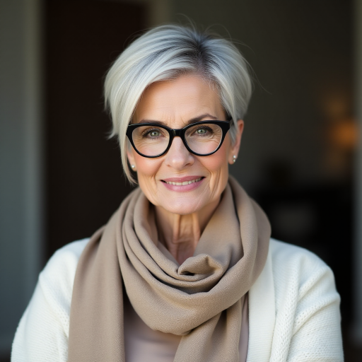 Portrait of a mature woman with short silver hair, styled in an asymmetrical pixie cut with side bangs. She wears black-framed glasses and a beige blouse with a white cardigan over it, as well as a bulky scarf in neutral tones. The woman is indoors with soft lighting and a blur in the background. Her expression is serene and confident, highlighting her elegance and modern style.
