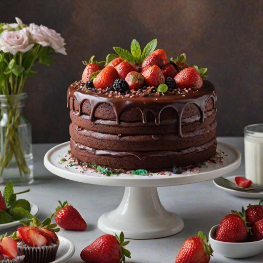 Create an image of a three-tiered chocolate cake decorated with fresh strawberries and mint leaves, placed on a white cake stand. Surround the cake with an assortment of chocolate cupcakes topped with various berries and a sprinkle of powdered sugar. The background should feature a softly lit, elegant dining setting.