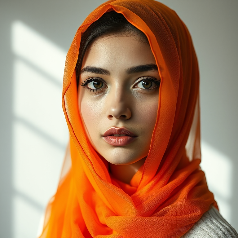 portrait of a young woman with an orange sheer headscarf, soft focus, natural light, aperture f/1.8, shutter speed 1/125s, ISO 100, 85mm lens, studio photography setting