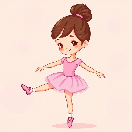 Create a vibrant illustration of a cartoon ballet dancer girl with brown hair in a bun and a pink ballet outfit, set against a soft pastel background, using a DSLR camera at f/2.8 aperture, ISO 100, 50mm lens, with a shallow depth of field for a crisp focus on the dancer.