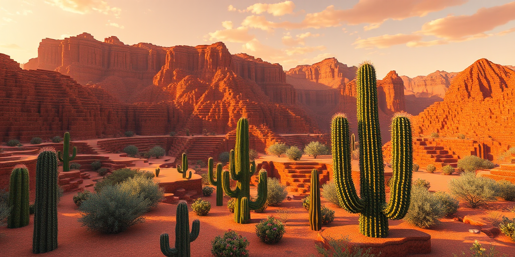 Generate a high-resolution image of a Minecraft desert scene with layered red rock formations and cacti in the foreground, sunset lighting for warm colors, use a DSLR camera type with a low aperture (f/2.8) for a shallow depth of field, focal length of 24mm for a wide-angle view, and maintain a resolution of 4K for enhanced detail.
