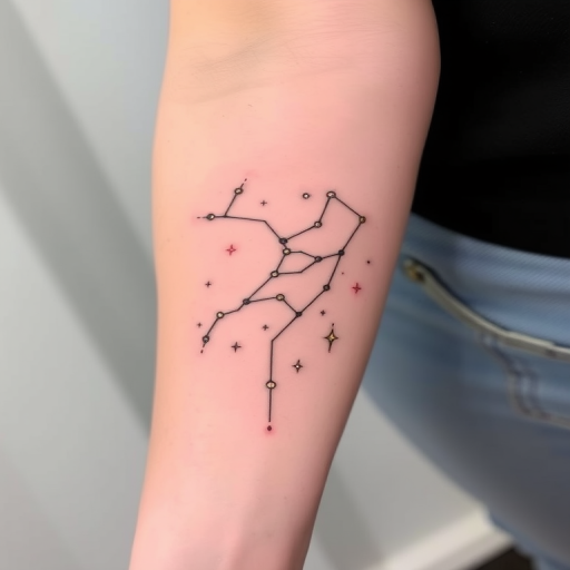 Minimalist line art tattoo named "Celestial Whisper" featuring delicate, continuous lines forming constellations and cosmic elements, with subtle pops of metallic gold ink for added ethereal charm