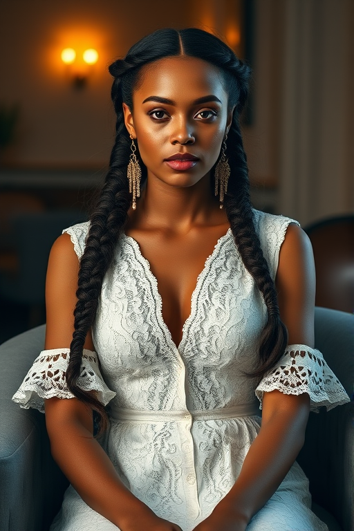 Create a portrait of a refined and elegant Maori woman seated in a sophisticated setting. She has long, wavy hair styled in two thick braids that are pulled over her shoulders. She wears a white, lace gown with intricate patterns, featuring a deep V-neckline and short sleeves. The dress exudes a vintage charm with its delicate lacework. She is adorned with ornate, dangling earrings that add a touch of glamour to her appearance. The background is softly lit, with warm, ambient lighting that creates a cozy and inviting atmosphere. Her expression is poised and serene, capturing a sense of grace and elegance.