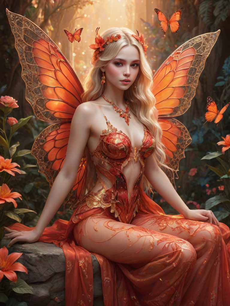 A digital artwork features a winged fairy with delicate Scarlet butterfly wings, adorned with intricate Red andOrange patterns. She is seated on a vibrant Coral flower, wearing a revealing red two-piece outfit with sparkling beadwork. Her fair skin, long blonde hair, and gold jewelry add to her ethereal appearance. The background is a warm, golden gradient, creating a magical atmosphere. Small glowing orbs and sparkles surround the flower, enhancing the enchanting, highly detailed, and realistic scene.
