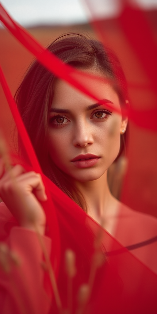 Capture a portrait of a woman partially obscured by a sheer red fabric in a natural landscape, using a full-frame DSLR camera, 85mm lens, aperture f/1.8, ISO 100, shutter speed 1/200s, soft focus background, and warm color tones for enhanced depth and detail.