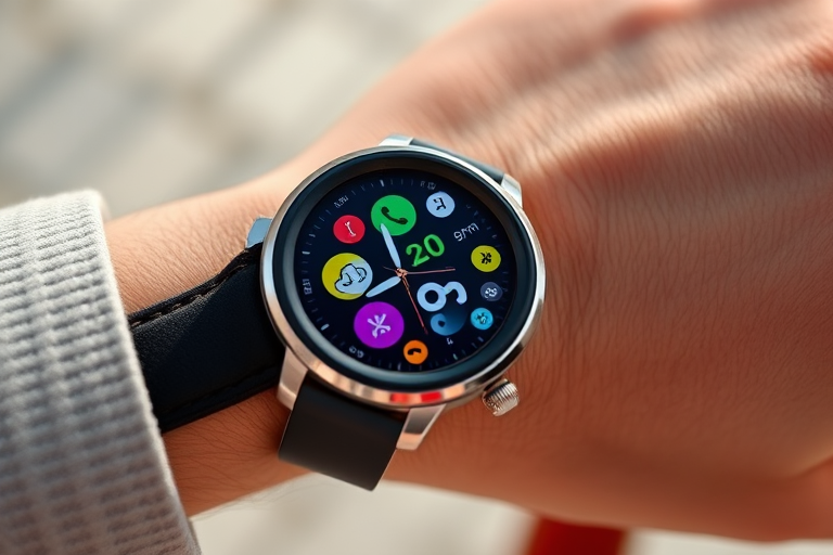 Create a high-resolution image of a modern smartwatch displaying the time 4:20 with colorful app icons on the screen, using a 50mm lens at f/1.8 aperture, 1/125 shutter speed, in bright daylight, shot from a high angle to capture detail and depth.