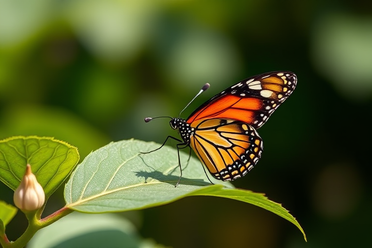 macro shot of a butterfly perched on a green leaf, f/2.8, 1/200s, ISO 100, 85mm lens, natural light, shallow depth of field, taken with a DSLR camera
