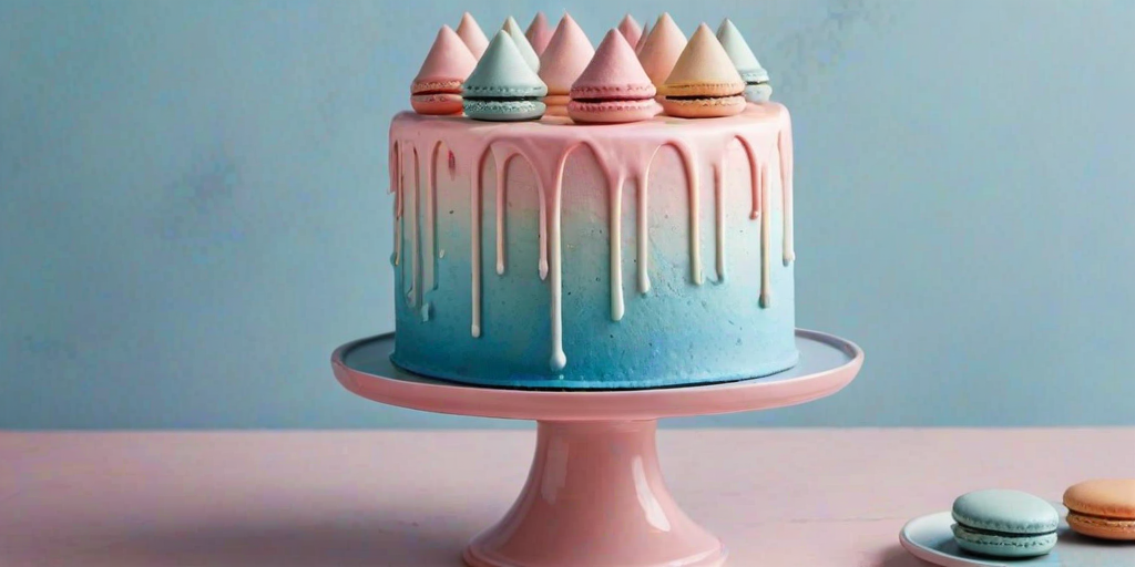 Create an image of a pastel-colored cake with a smooth ombre finish transitioning from pink to blue. The cake should have a glossy drip effect along the edges and be topped with various colorful triangular decorations. Add some sprinkles and a few macarons in soft pink and blue at the base of the cake on a decorative cake stand.