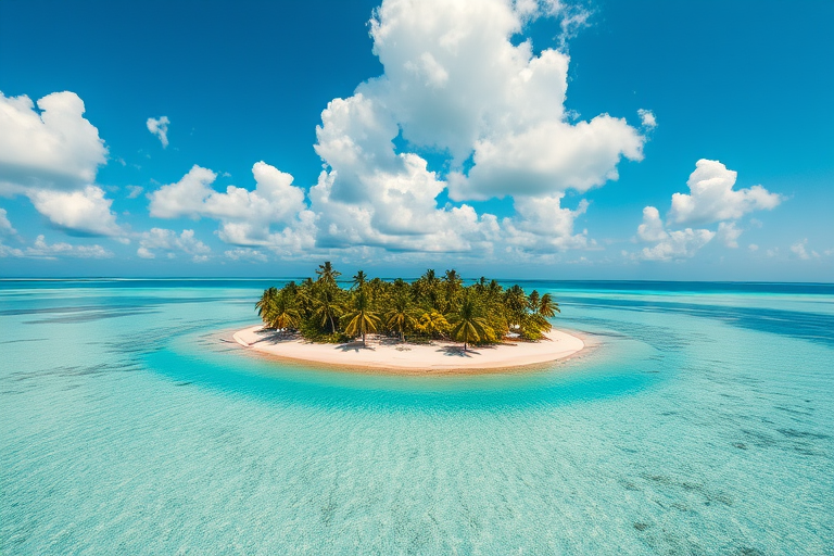 tropical island with palm trees surrounded by clear turquoise water and a bright blue sky with fluffy white clouds, shot with a Canon EOS R5, 24mm lens, f/8, ISO 100, HDR photography, high dynamic range, aerial view